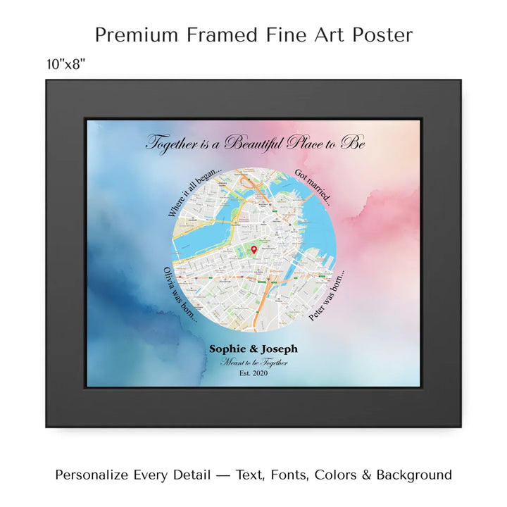 Custom circle map wall art with multiple personalized captions, names, and title over a textured background -10x8 framed poster-ARTFULANE