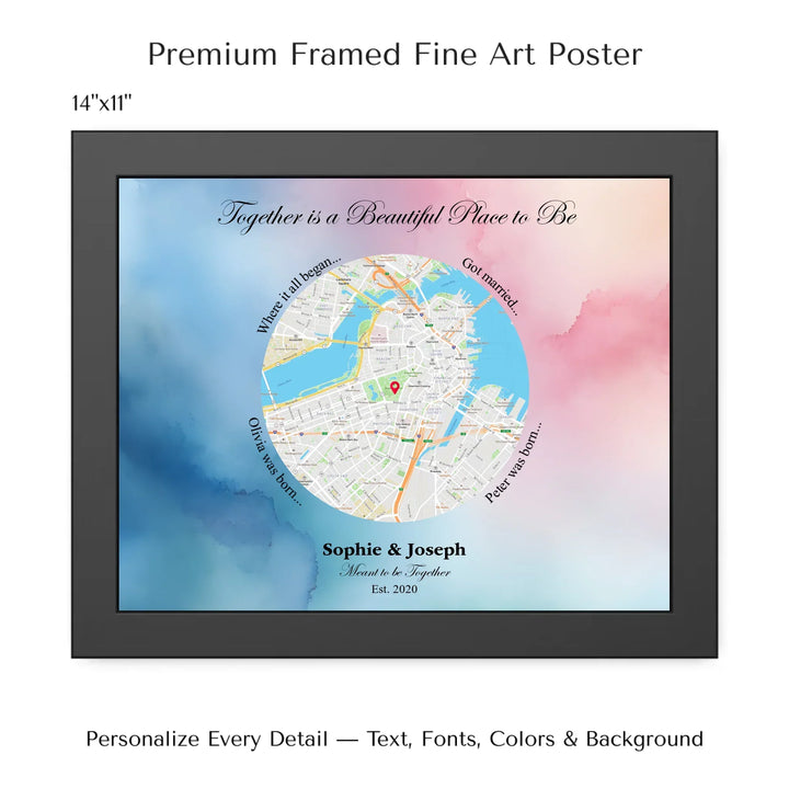 Custom circle map wall art with multiple personalized captions, names, and title over a textured background -14x11 framed poster-ARTFULANE