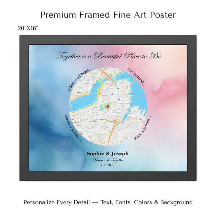 Custom circle map wall art with multiple personalized captions, names, and title over a textured background -20x16 framed poster-ARTFULANE