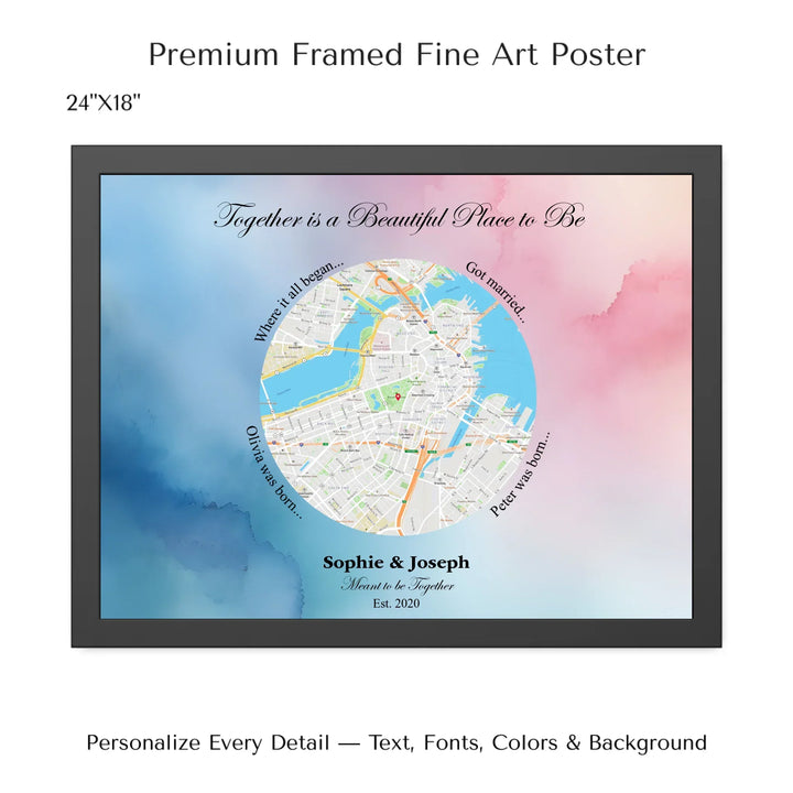 Custom circle map wall art with multiple personalized captions, names, and title over a textured background -24x18 framed poster-ARTFULANE