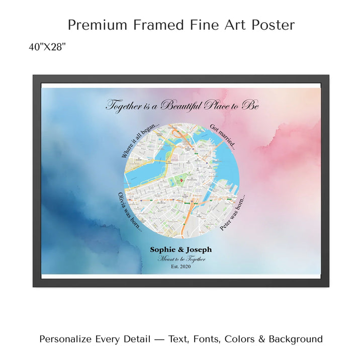 Custom circle map wall art with multiple personalized captions, names, and title over a textured background -40x28 framed poster-ARTFULANE