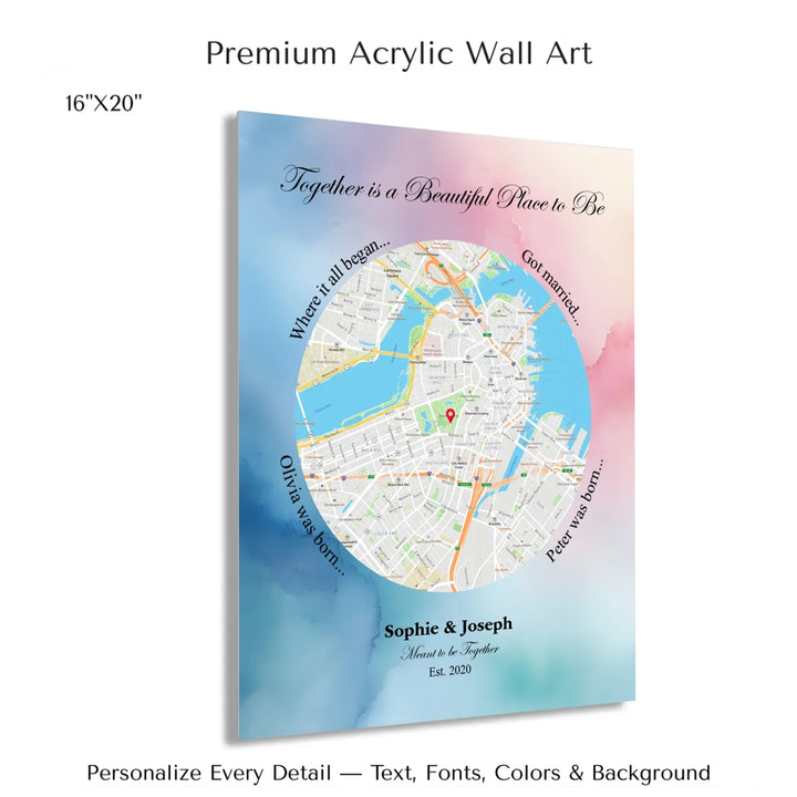 Custom circle map wall art with multiple personalized captions, names, and title over a textured background -16x20 acrylic print with french cleat-ARTFULANE