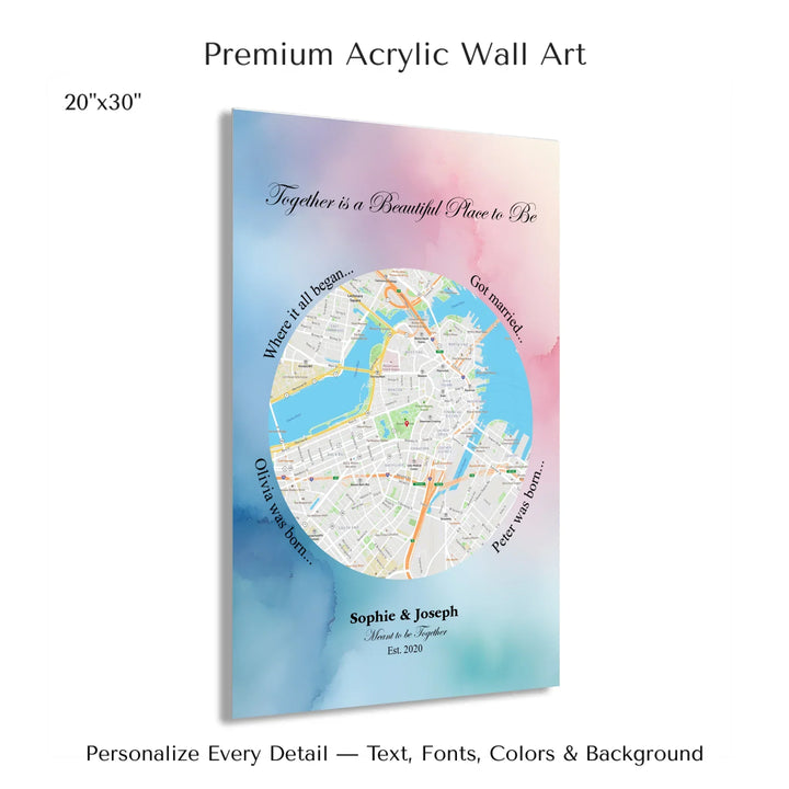 Custom circle map wall art with multiple personalized captions, names, and title over a textured background -20x30 acrylic print with french cleat-ARTFULANE