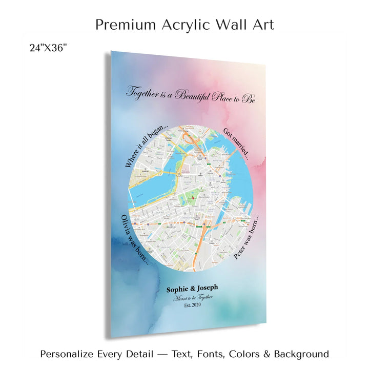 Custom circle map wall art with multiple personalized captions, names, and title over a textured background -24x36 acrylic print with french cleat-ARTFULANE