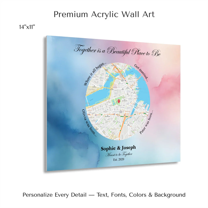 Custom circle map wall art with multiple personalized captions, names, and title over a textured background -14x11 acrylic print with french cleat-ARTFULANE