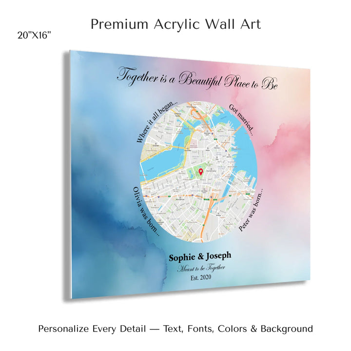 Custom circle map wall art with multiple personalized captions, names, and title over a textured background -20x16 acrylic print with french cleat-ARTFULANE