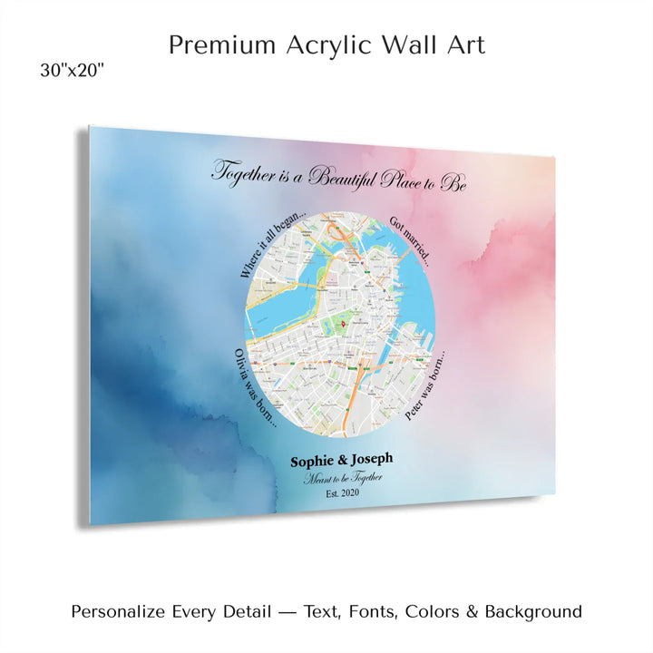 Custom circle map wall art with multiple personalized captions, names, and title over a textured background -30x20 acrylic print with french cleat-ARTFULANE