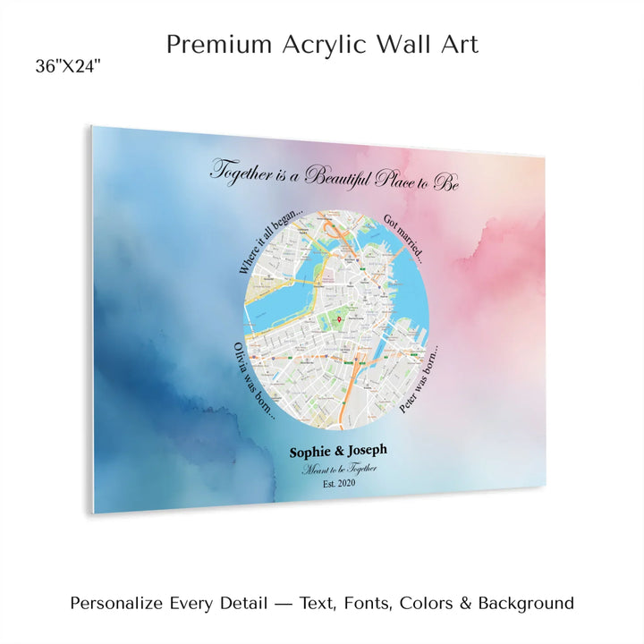 Custom circle map wall art with multiple personalized captions, names, and title over a textured background -36x24 acrylic print with french cleat-ARTFULANE