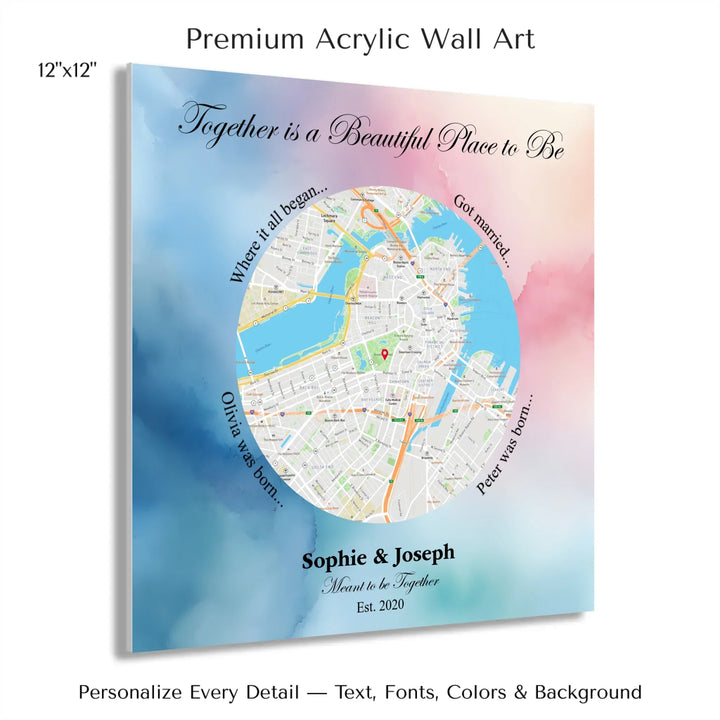 Custom circle map wall art with multiple personalized captions, names, and title over a textured background -12x12 acrylic print with french cleat-ARTFULANE