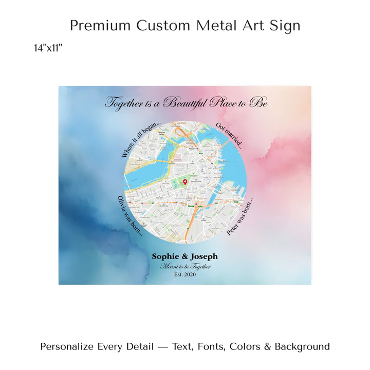 Custom circle map wall art with multiple personalized captions, names, and title over a textured background -14x11 metal art sign-ARTFULANE