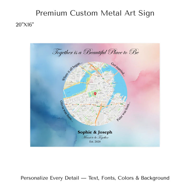 Custom circle map wall art with multiple personalized captions, names, and title over a textured background -20x16 metal art sign-ARTFULANE