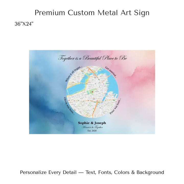 Custom circle map wall art with multiple personalized captions, names, and title over a textured background -36x24 metal art sign-ARTFULANE