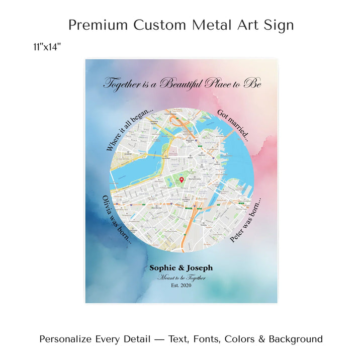 Custom circle map wall art with multiple personalized captions, names, and title over a textured background -11x14 metal art sign-ARTFULANE