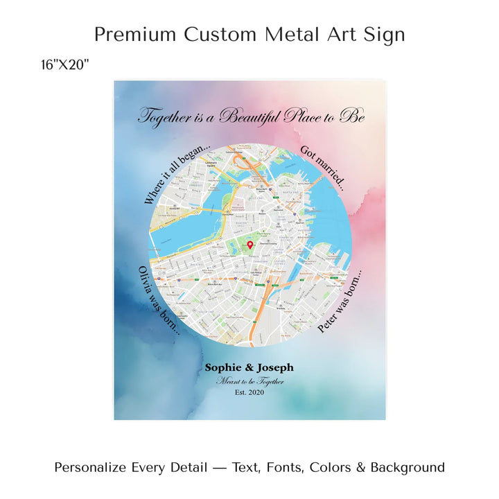 Custom circle map wall art with multiple personalized captions, names, and title over a textured background -16x20 metal art sign-ARTFULANE