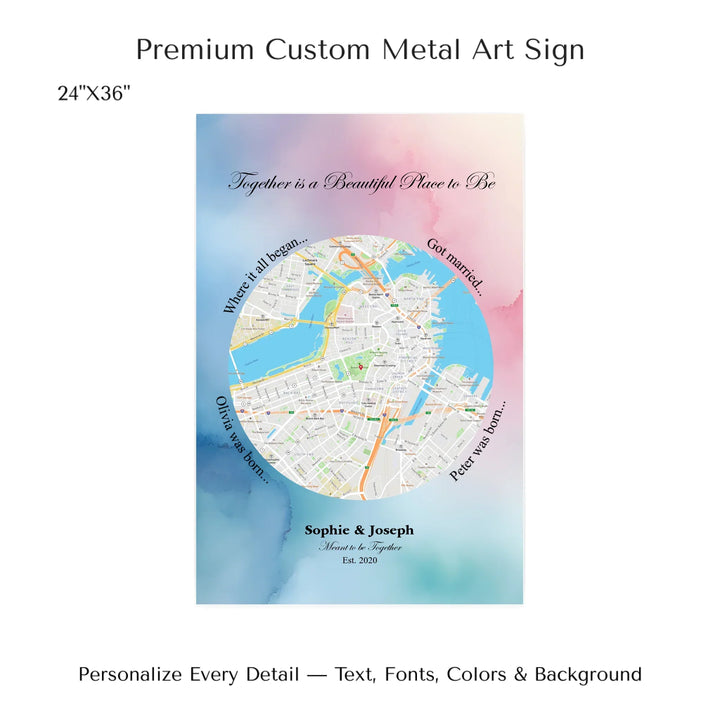 Custom circle map wall art with multiple personalized captions, names, and title over a textured background -24x36 metal art sign-ARTFULANE