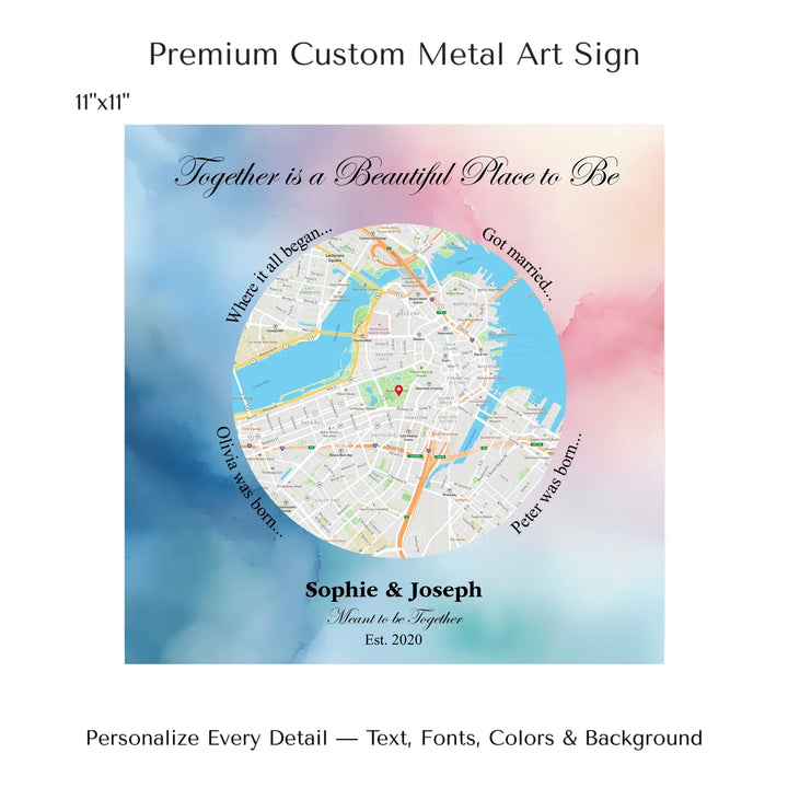 Custom circle map wall art with multiple personalized captions, names, and title over a textured background -11x11 metal art sign-ARTFULANE