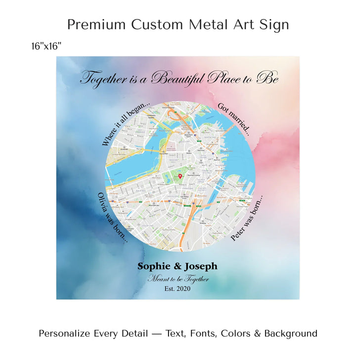 Custom circle map wall art with multiple personalized captions, names, and title over a textured background -16x16 metal art sign-ARTFULANE