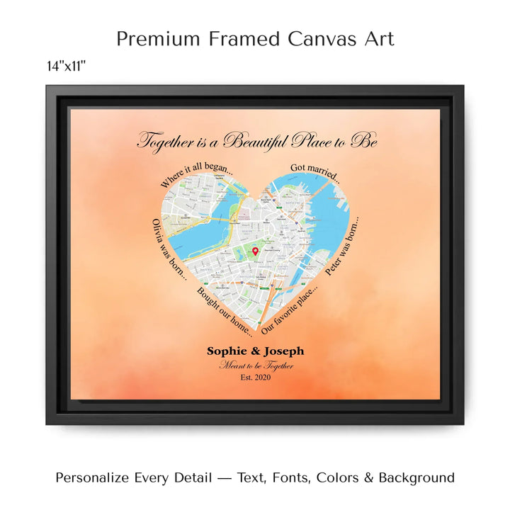 Custom Heart-Shaped Location Map Wall Art -14x11 framed canvas-ARTFULANE