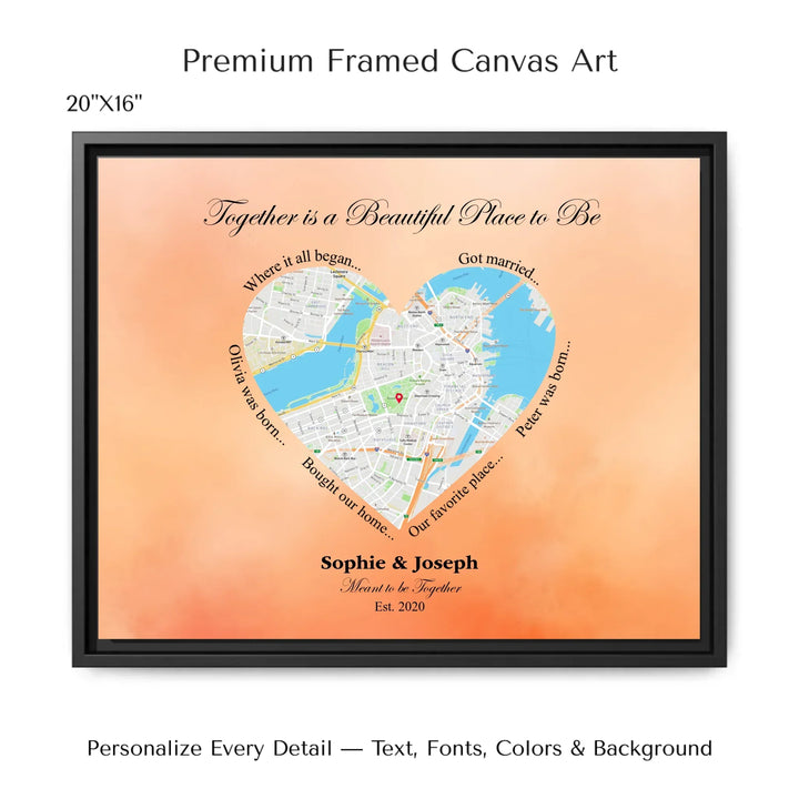 Custom Heart-Shaped Location Map Wall Art -20x16 framed canvas-ARTFULANE