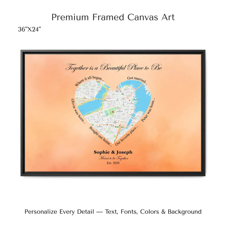 Custom Heart-Shaped Location Map Wall Art -36x24 framed canvas-ARTFULANE