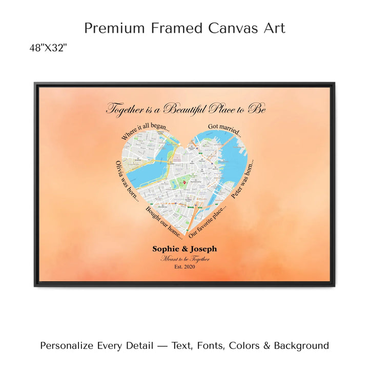 Custom Heart-Shaped Location Map Wall Art -48x32 framed canvas-ARTFULANE