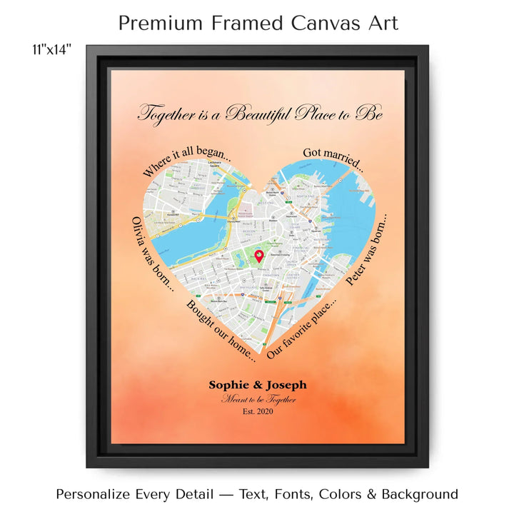 Custom Heart-Shaped Location Map Wall Art -11x14 framed canvas-ARTFULANE