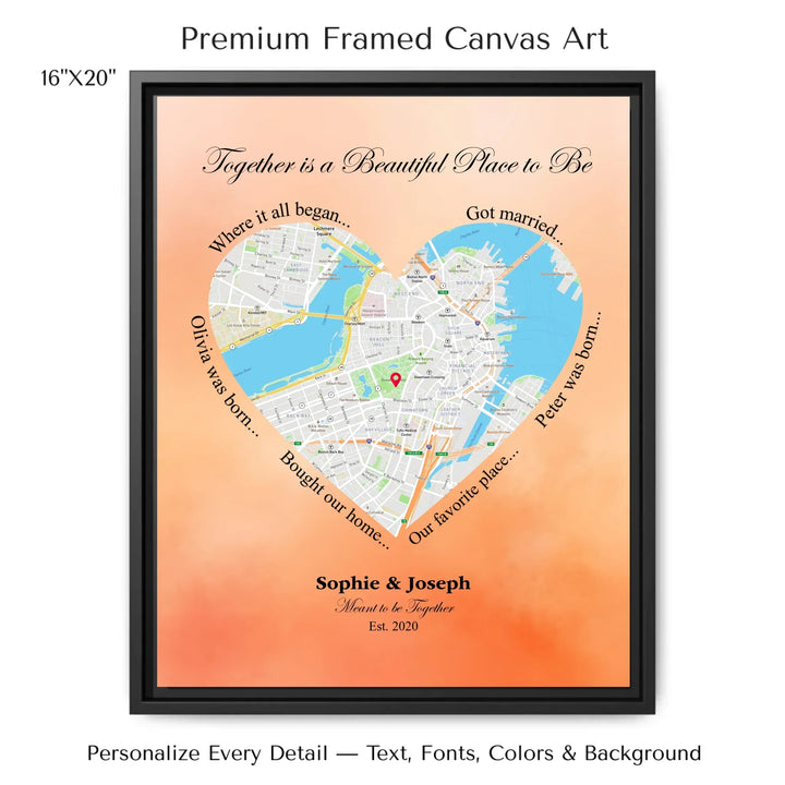 Custom Heart-Shaped Location Map Wall Art -16x20 framed canvas-ARTFULANE