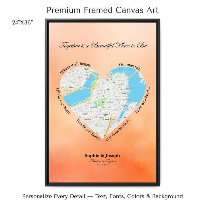 Custom Heart-Shaped Location Map Wall Art -24x36 framed canvas-ARTFULANE