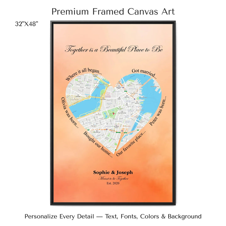 Custom Heart-Shaped Location Map Wall Art -32x48 framed canvas-ARTFULANE