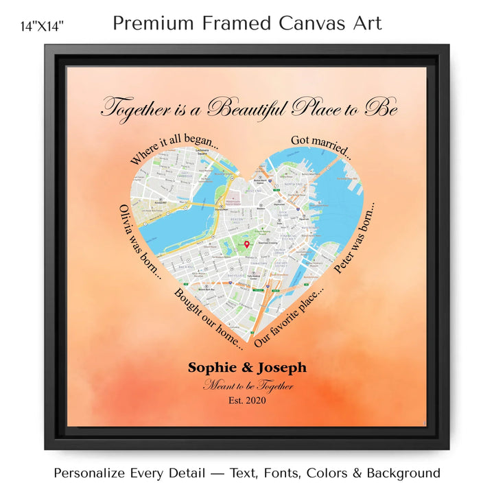 Custom Heart-Shaped Location Map Wall Art -14x14 framed canvas-ARTFULANE