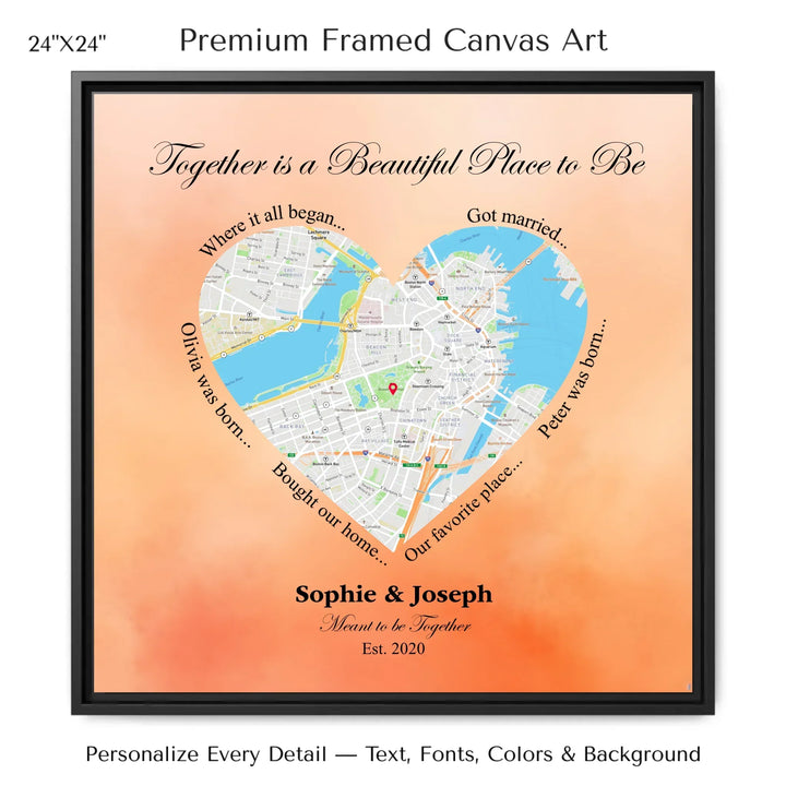 Custom Heart-Shaped Location Map Wall Art -24x24 framed canvas-ARTFULANE