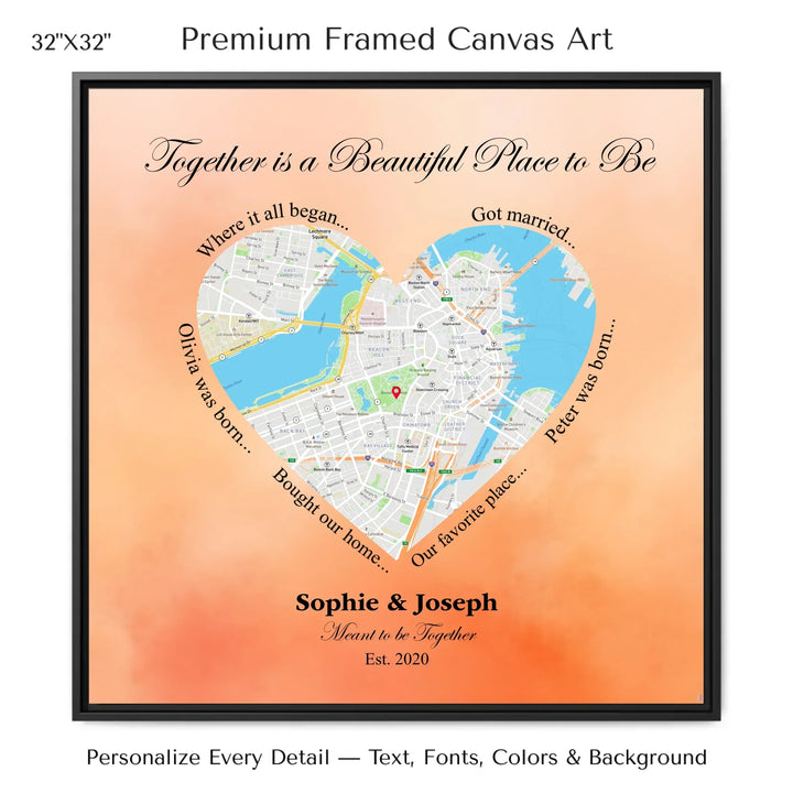 Custom Heart-Shaped Location Map Wall Art -32x32 framed canvas-ARTFULANE