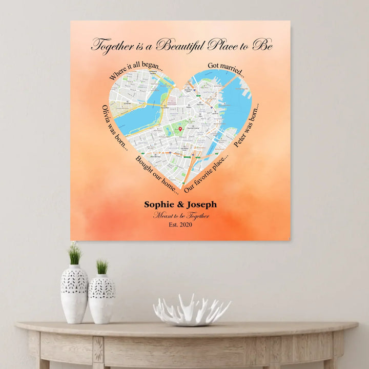 Custom Heart-Shaped Location Map Wall Art -unframed canvas on wall-ARTFULANE