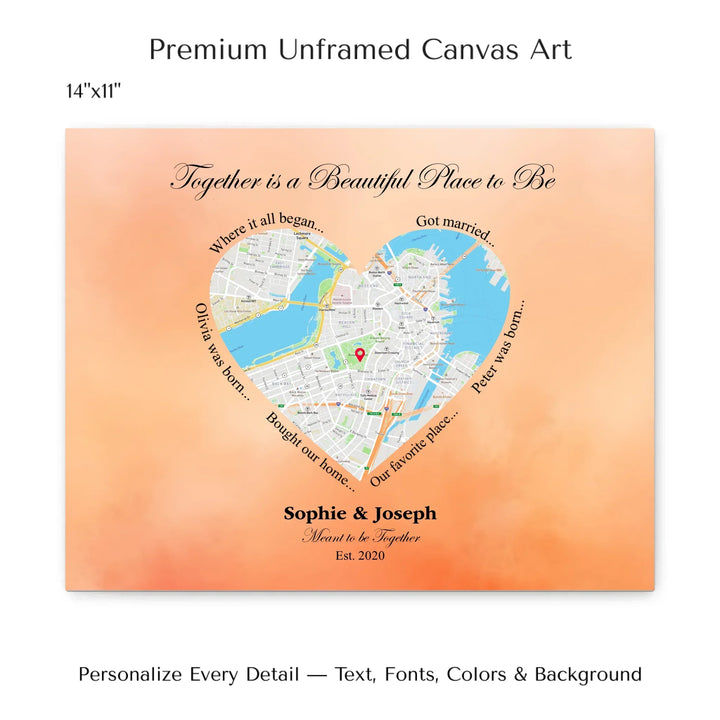 Custom Heart-Shaped Location Map Wall Art -14x11 stretched canvas-ARTFULANE