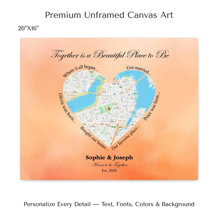 Custom Heart-Shaped Location Map Wall Art -20x16 stretched canvas-ARTFULANE