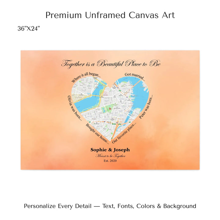 Custom Heart-Shaped Location Map Wall Art -36x24 stretched canvas-ARTFULANE