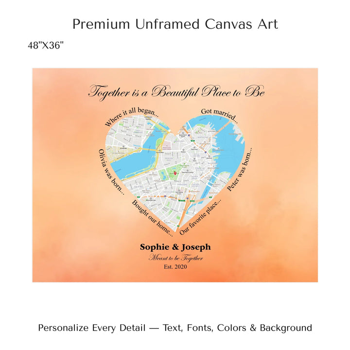 Custom Heart-Shaped Location Map Wall Art -48x36 stretched canvas-ARTFULANE