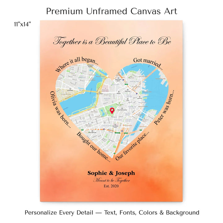 Custom Heart-Shaped Location Map Wall Art -11x14 stretched canvas-ARTFULANE