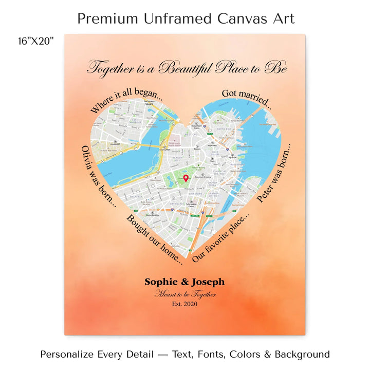 Custom Heart-Shaped Location Map Wall Art -16x20 stretched canvas-ARTFULANE