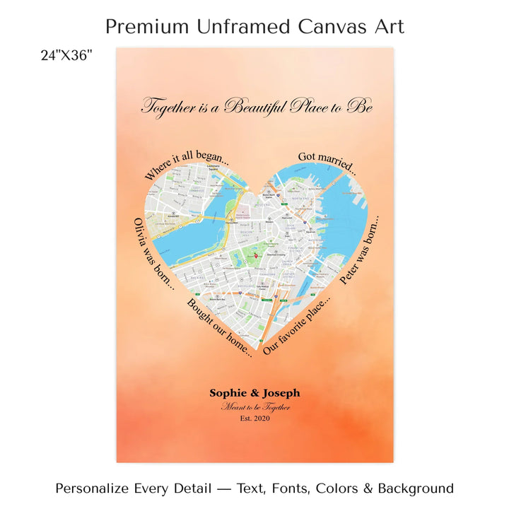 Custom Heart-Shaped Location Map Wall Art -24x36 stretched canvas-ARTFULANE