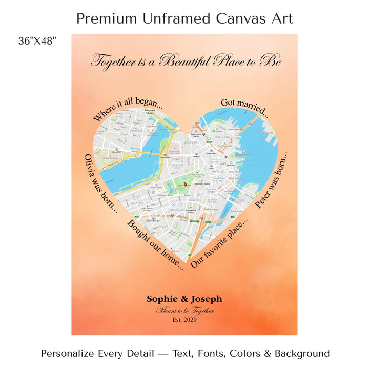 Custom Heart-Shaped Location Map Wall Art -36x48 stretched canvas-ARTFULANE
