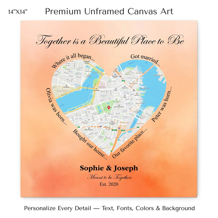 Custom Heart-Shaped Location Map Wall Art -14x14 stretched canvas-ARTFULANE