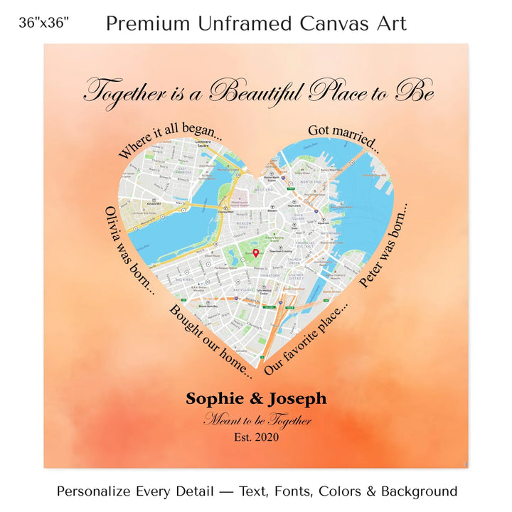 Custom Heart-Shaped Location Map Wall Art -36x36 stretched canvas-ARTFULANE