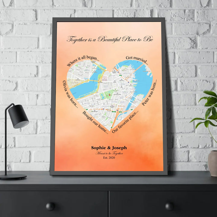 Custom Heart-Shaped Location Map Wall Art - framed poster on table-ARTFULANE