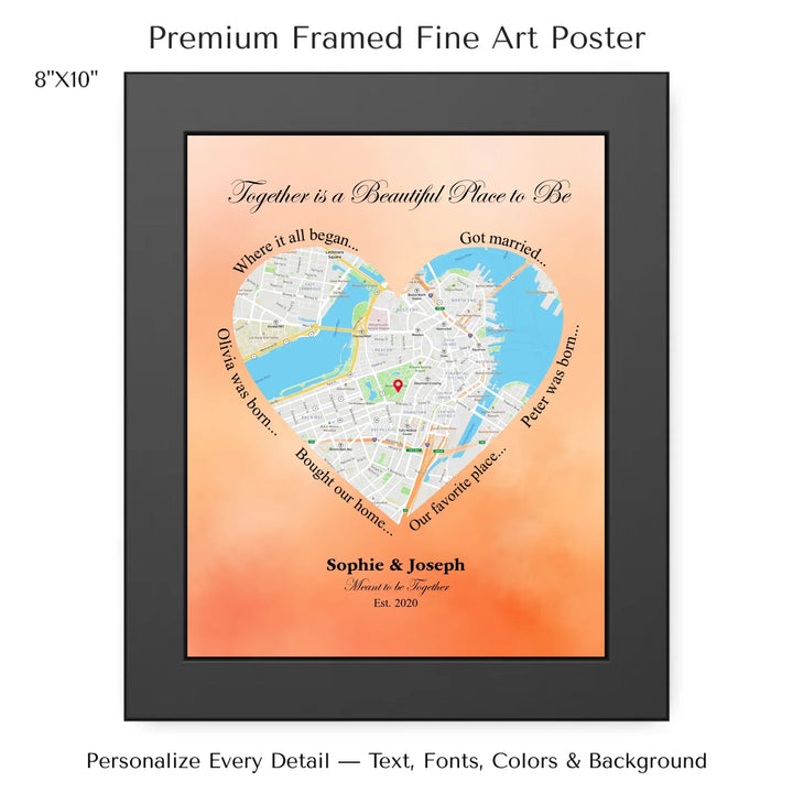 Custom Heart-Shaped Location Map Wall Art -8x10 framed poster-ARTFULANE