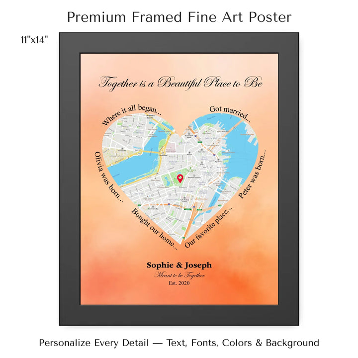 Custom Heart-Shaped Location Map Wall Art -11x14 framed poster-ARTFULANE