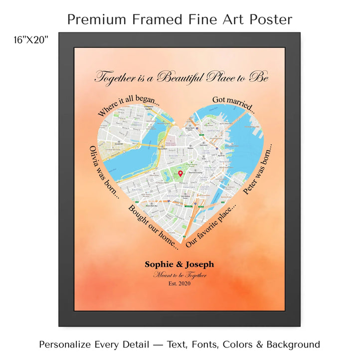 Custom Heart-Shaped Location Map Wall Art -16x20 framed poster-ARTFULANE