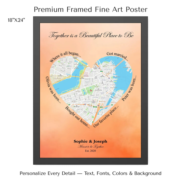 Custom Heart-Shaped Location Map Wall Art -18x24 framed poster-ARTFULANE