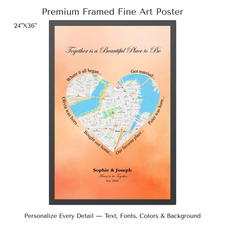 Custom Heart-Shaped Location Map Wall Art -24x36 framed poster-ARTFULANE