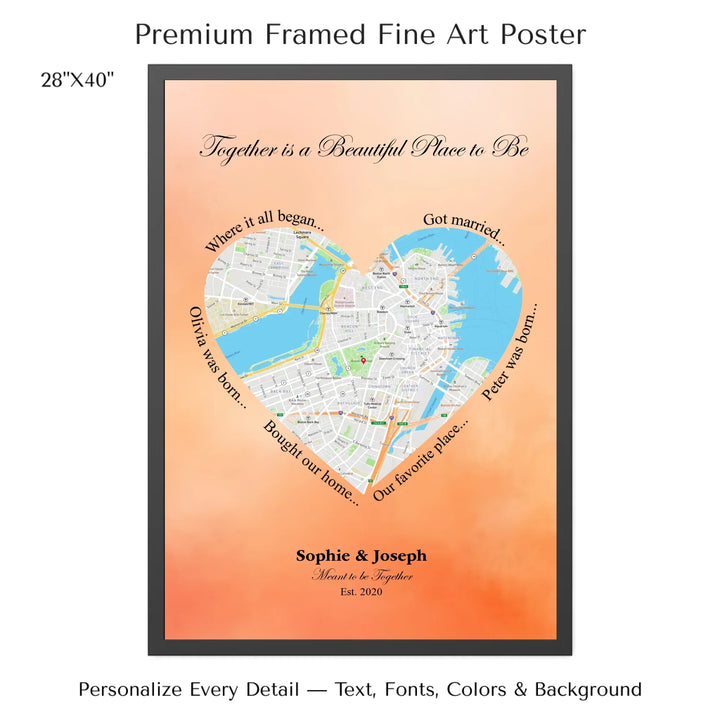 Custom Heart-Shaped Location Map Wall Art -28x40 framed poster-ARTFULANE